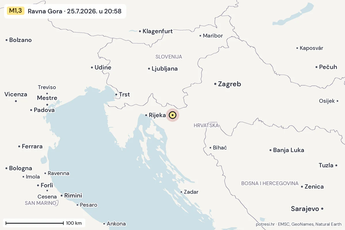 Karta: šire područje, 600 km, potres M1,3, Ravna Gora, 25.7.2026.