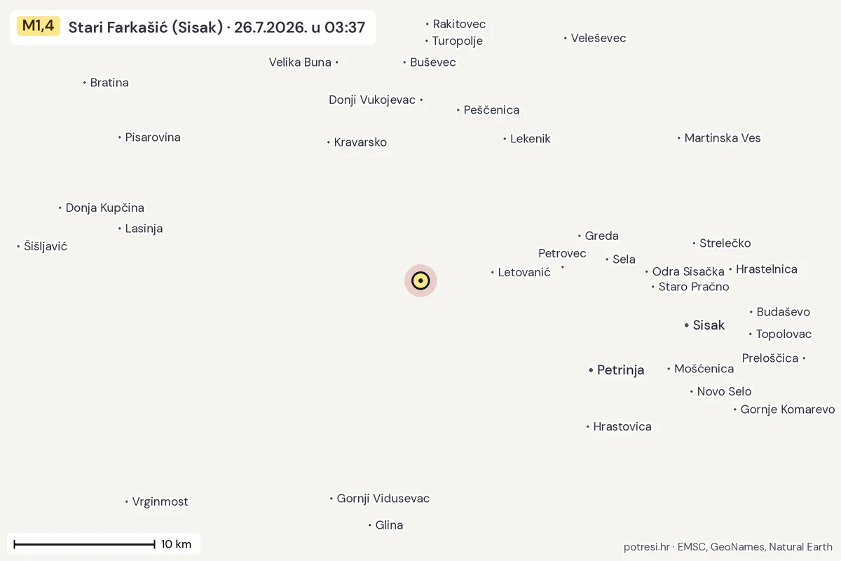 Karta: okolica epicentra, 60 km, potres M1,4, Stari Farkašić (Sisak), 26.7.2026.