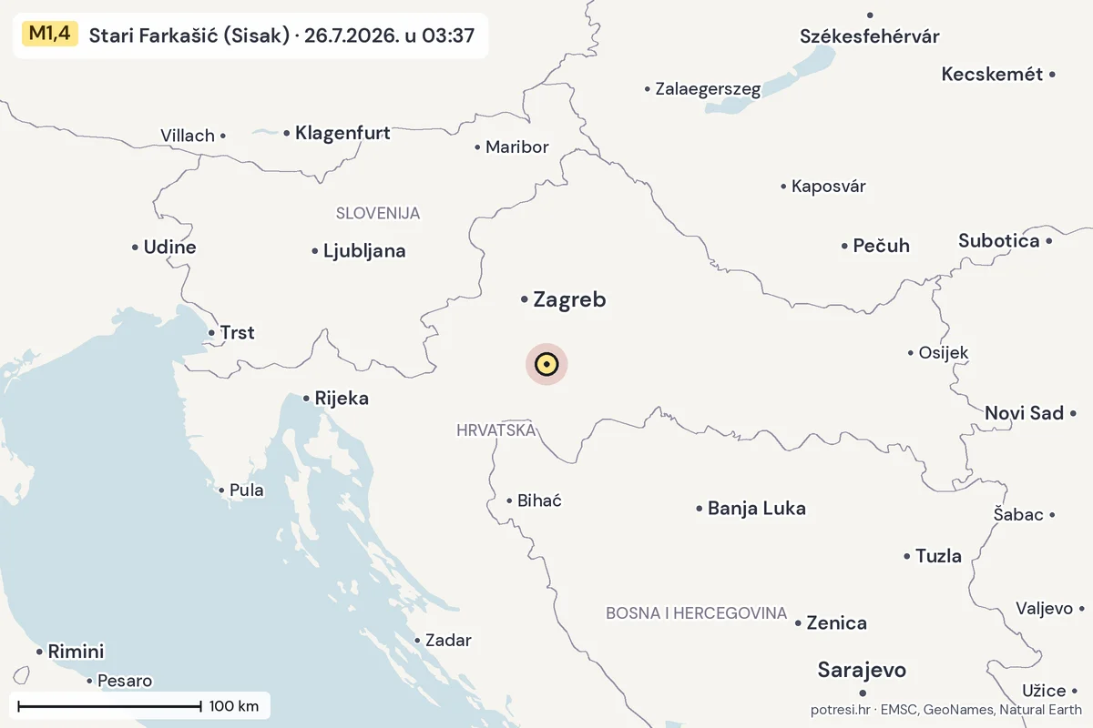 Karta: šire područje, 600 km, potres M1,4, Stari Farkašić (Sisak), 26.7.2026.