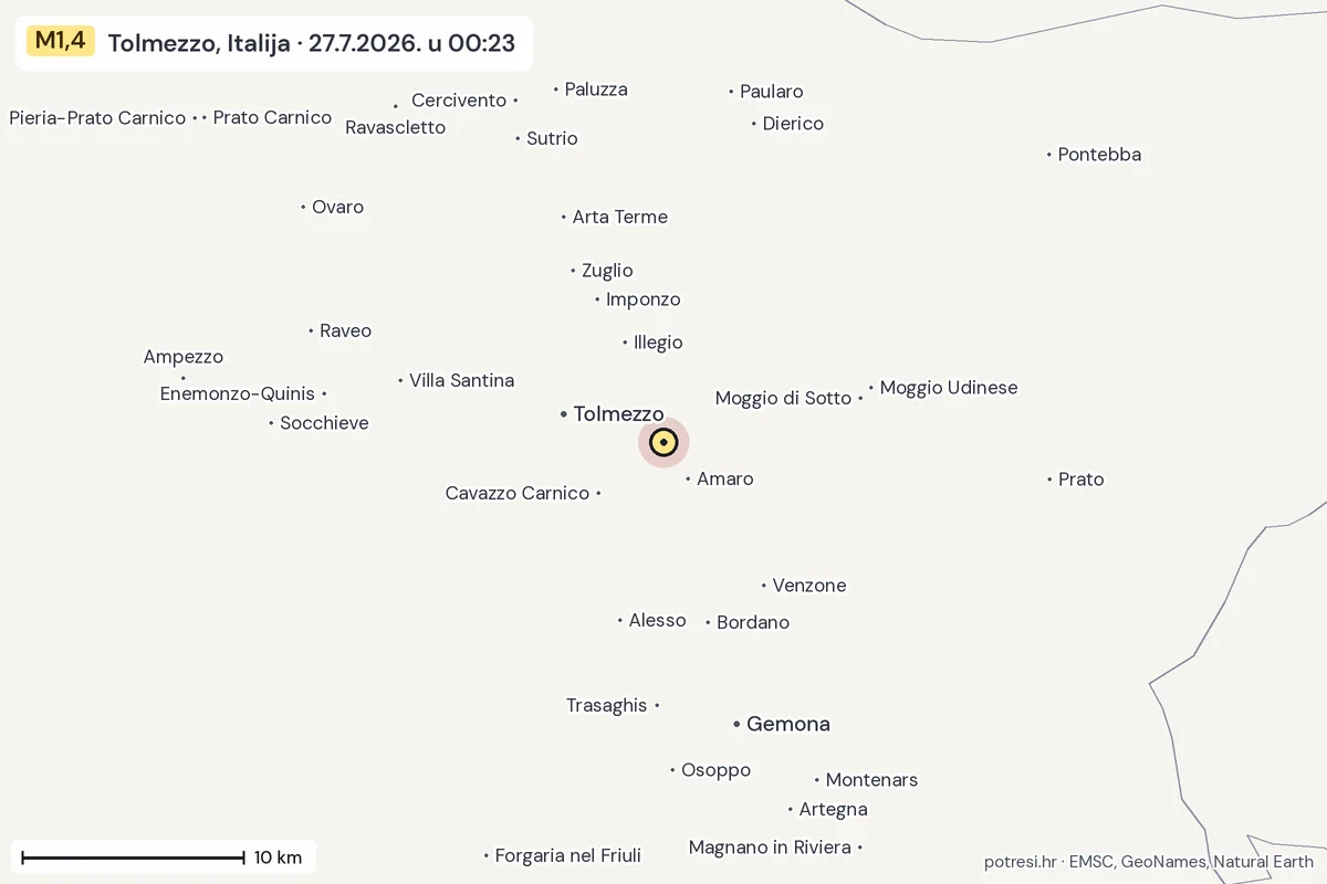 Karta: okolica epicentra, 60 km, potres M1,4, Tolmezzo, Italija, 27.7.2026.