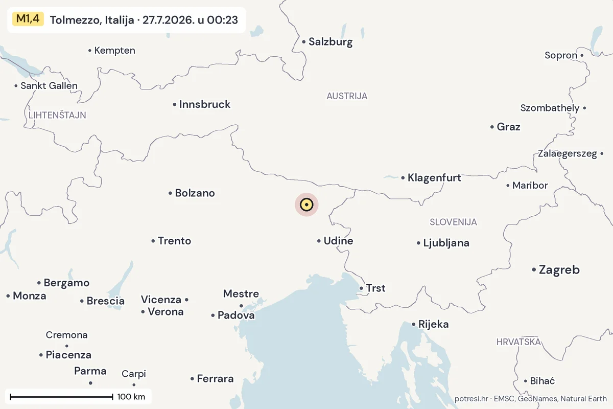 Karta: šire područje, 600 km, potres M1,4, Tolmezzo, Italija, 27.7.2026.
