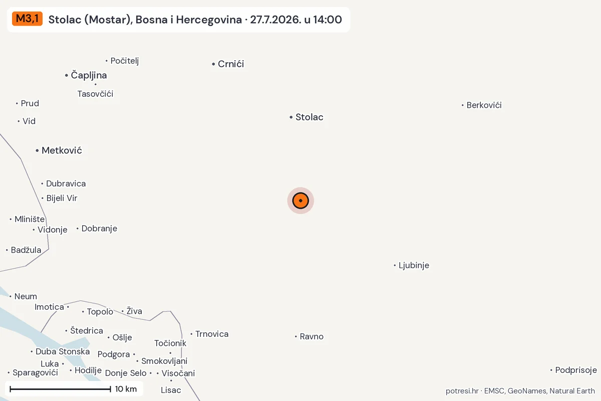 Karta: okolica epicentra, 60 km, potres M3,1, Stolac (Mostar), Bosna i Hercegovina, 27.7.2026.