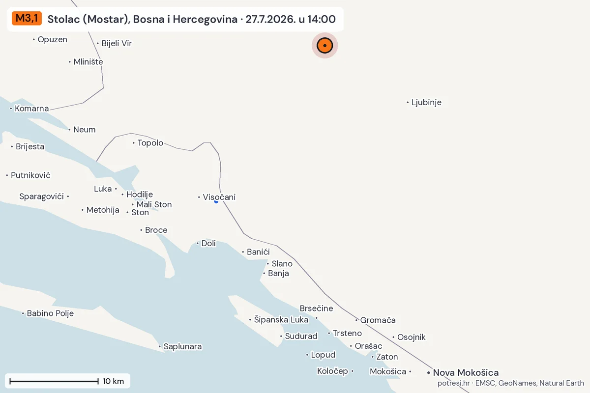 Karta: izvješća građana, potres M3,1, Stolac (Mostar), Bosna i Hercegovina, 27.7.2026.