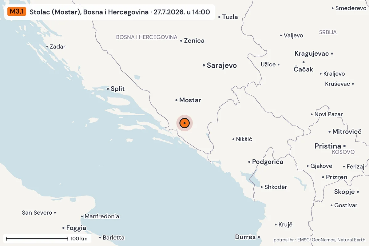 Karta: šire područje, 600 km, potres M3,1, Stolac (Mostar), Bosna i Hercegovina, 27.7.2026.