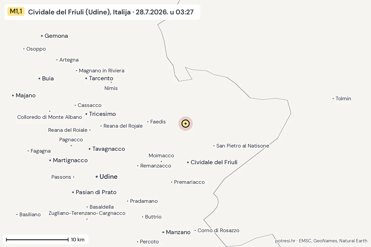 Karta: okolica epicentra, 60 km, potres M1,1, Cividale del Friuli (Udine), Italija, 28.7.2026.