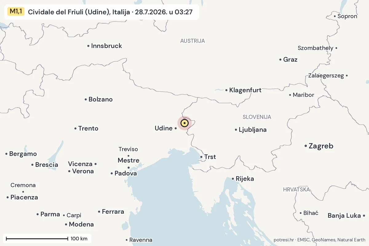 Karta: šire područje, 600 km, potres M1,1, Cividale del Friuli (Udine), Italija, 28.7.2026.
