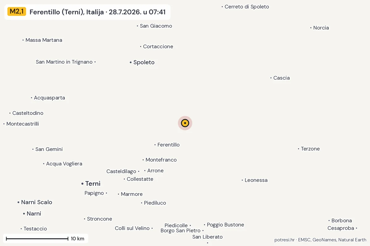 Karta: okolica epicentra, 60 km, potres M2,1, Ferentillo (Terni), Italija, 28.7.2026.