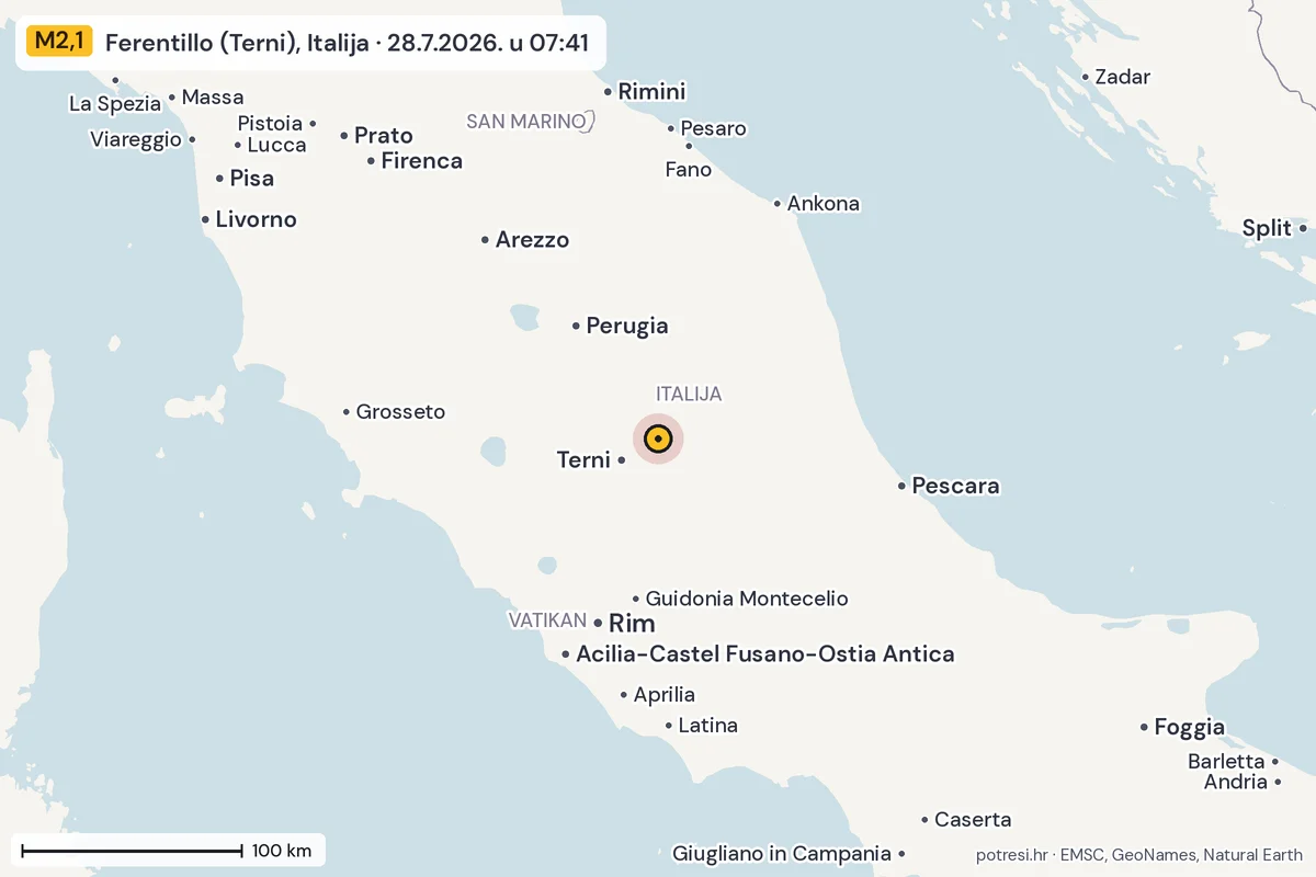 Karta: šire područje, 600 km, potres M2,1, Ferentillo (Terni), Italija, 28.7.2026.