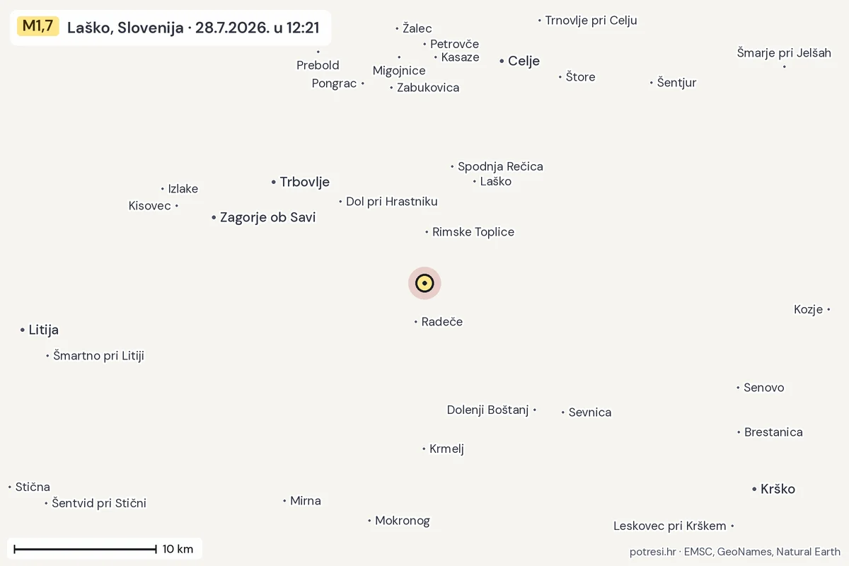 Karta: okolica epicentra, 60 km, potres M1,7, Laško, Slovenija, 28.7.2026.