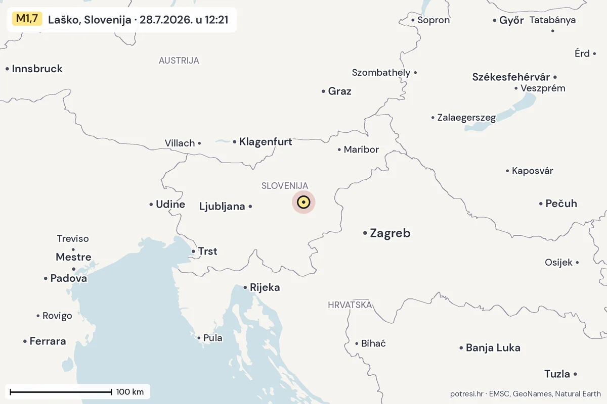 Karta: šire područje, 600 km, potres M1,7, Laško, Slovenija, 28.7.2026.