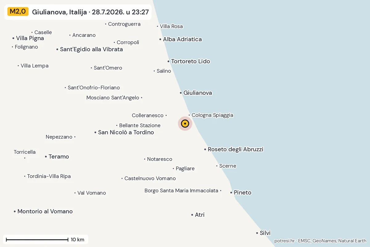 Karta: okolica epicentra, 60 km, potres M2,0, Giulianova, Italija, 28.7.2026.
