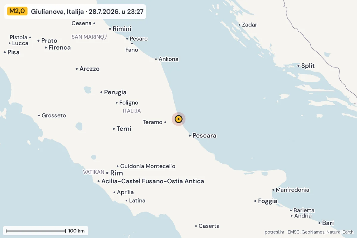 Karta: šire područje, 600 km, potres M2,0, Giulianova, Italija, 28.7.2026.