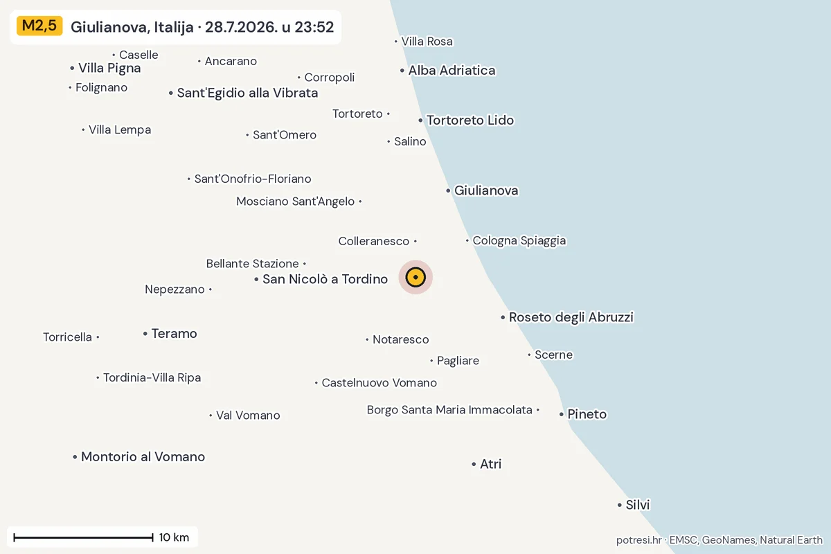 Karta: okolica epicentra, 60 km, potres M2,5, Giulianova, Italija, 28.7.2026.