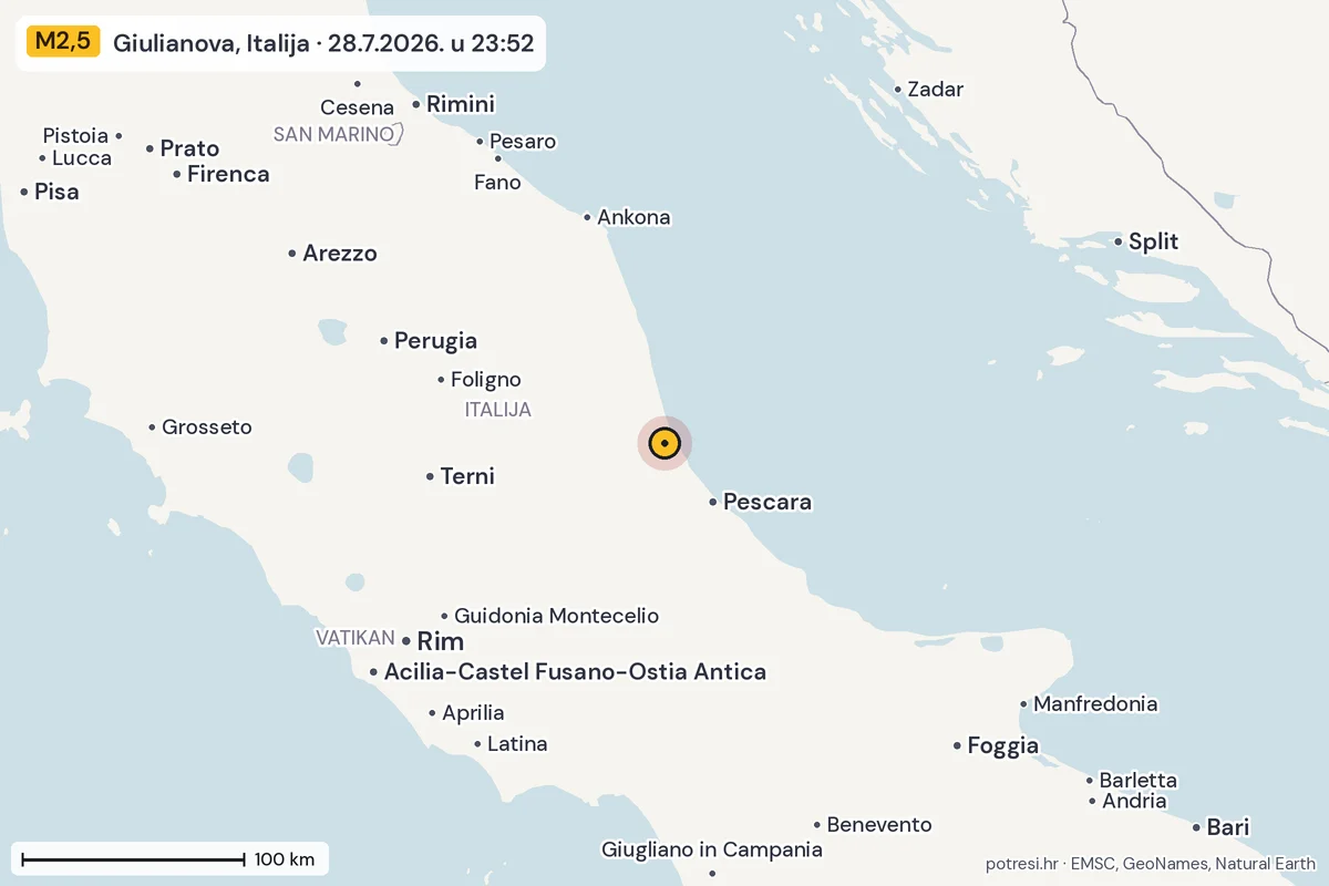 Karta: šire područje, 600 km, potres M2,5, Giulianova, Italija, 28.7.2026.