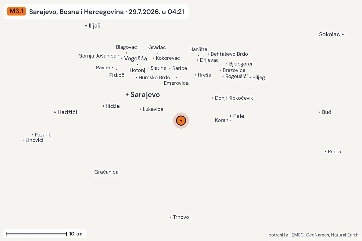 Karta: okolica epicentra, 60 km, potres M3,1, Sarajevo, Bosna i Hercegovina, 29.7.2026.