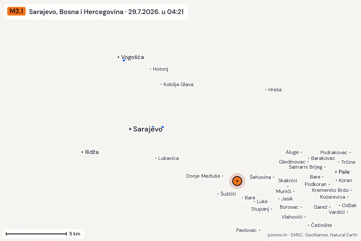 Karta: izvješća građana, potres M3,1, Sarajevo, Bosna i Hercegovina, 29.7.2026.