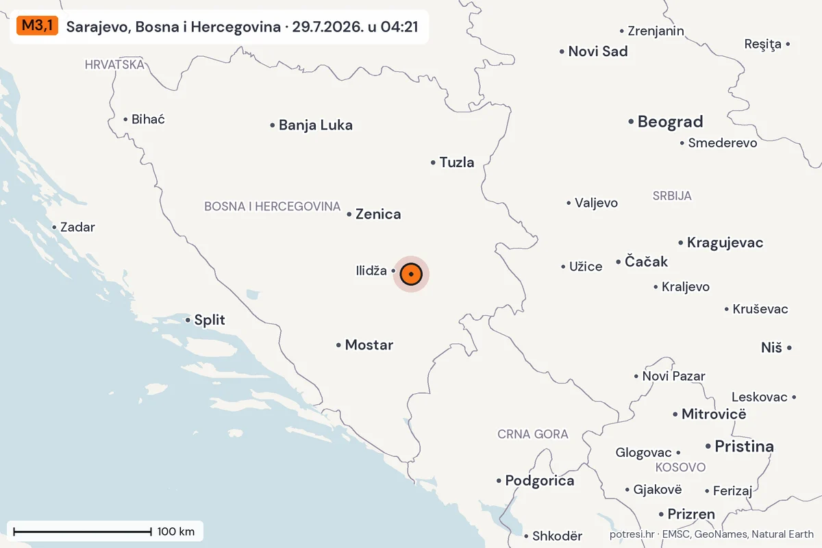 Karta: šire područje, 600 km, potres M3,1, Sarajevo, Bosna i Hercegovina, 29.7.2026.
