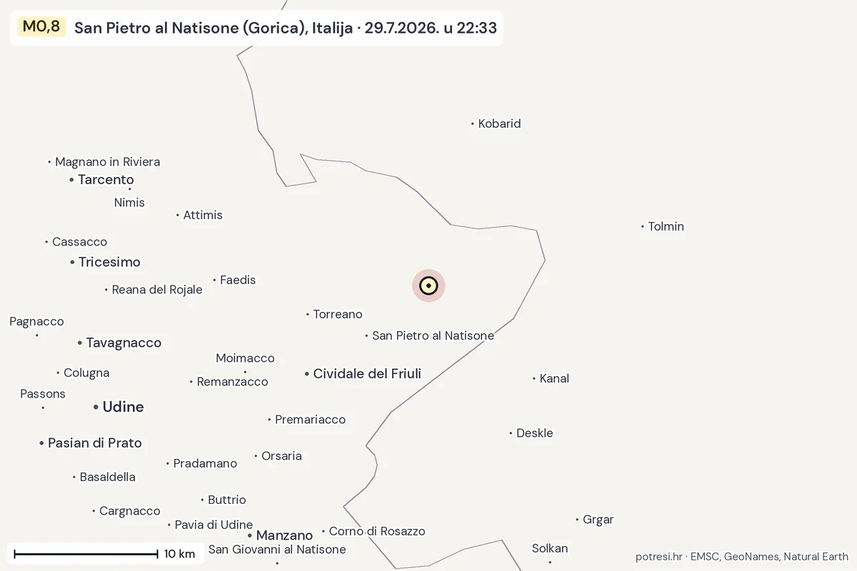 Karta: okolica epicentra, 60 km, potres M0,8, San Pietro al Natisone (Gorica), Italija, 29.7.2026.