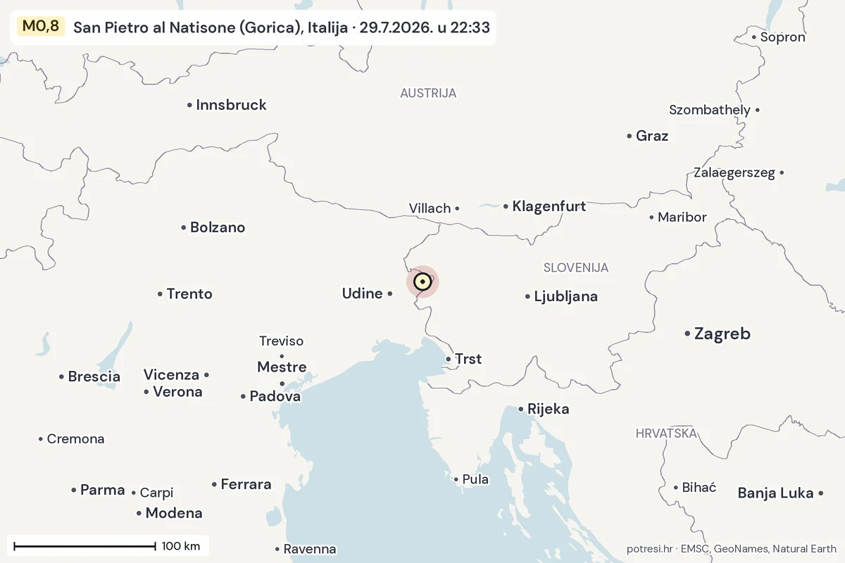Karta: šire područje, 600 km, potres M0,8, San Pietro al Natisone (Gorica), Italija, 29.7.2026.