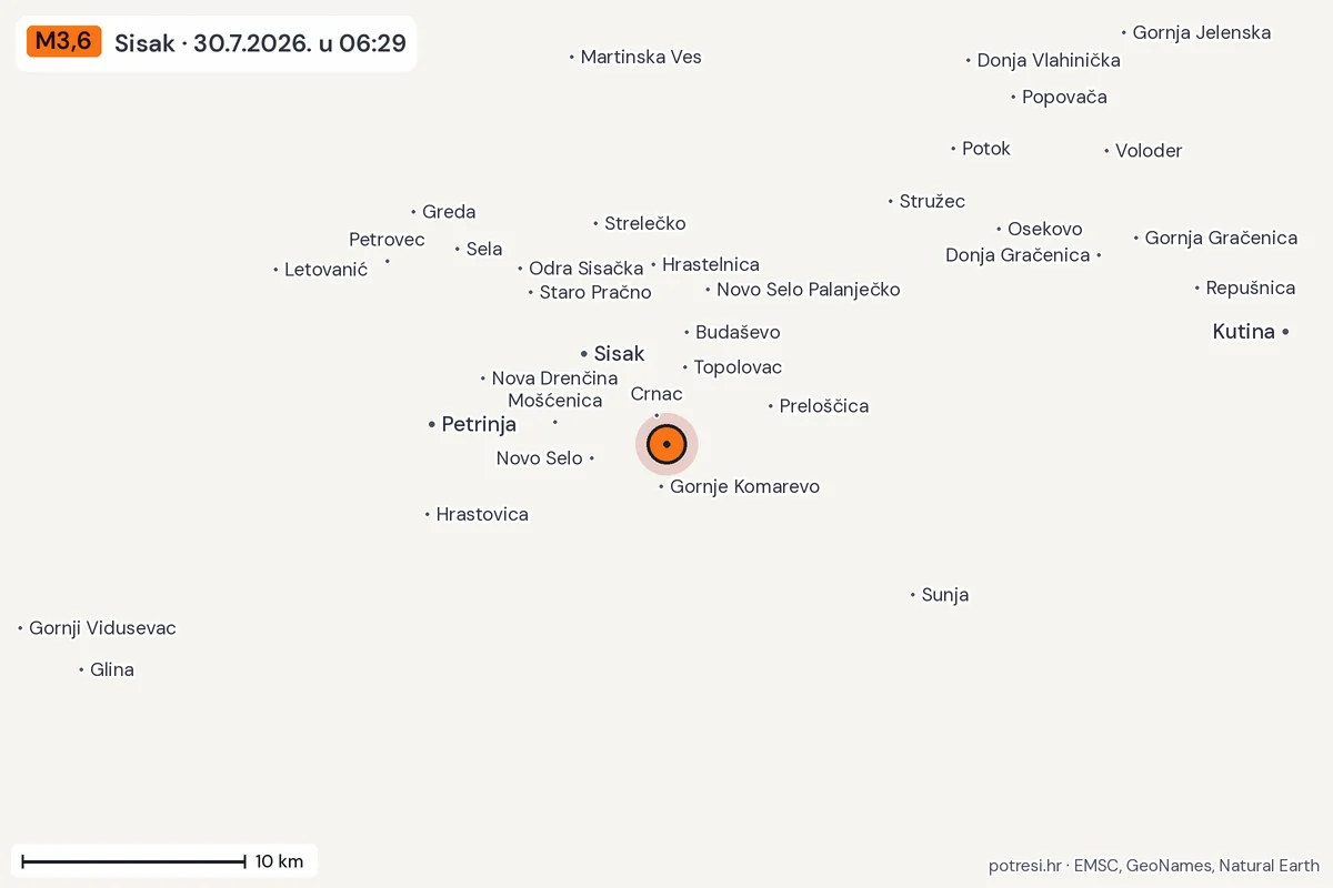 Karta: okolica epicentra, 60 km, potres M3,6, Sisak, 30.7.2026.