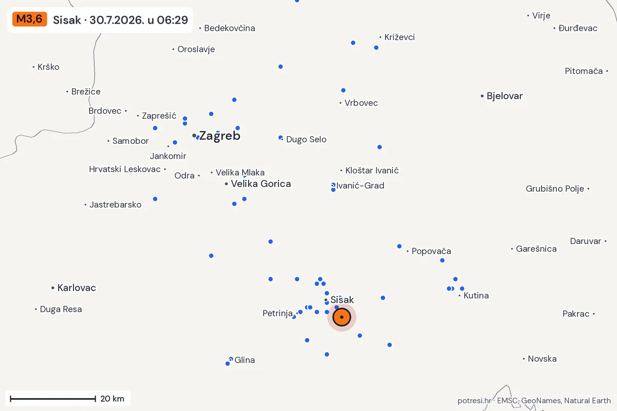 Karta: izvješća građana, potres M3,6, Sisak, 30.7.2026.