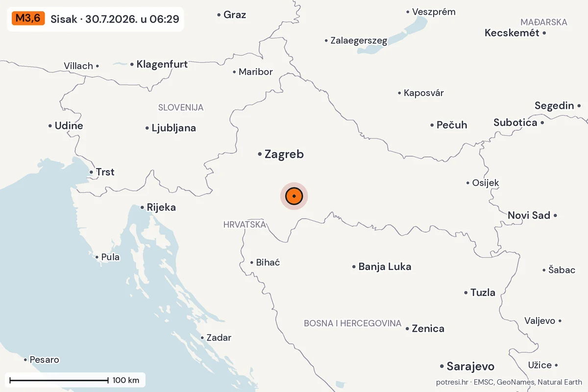 Karta: šire područje, 600 km, potres M3,6, Sisak, 30.7.2026.