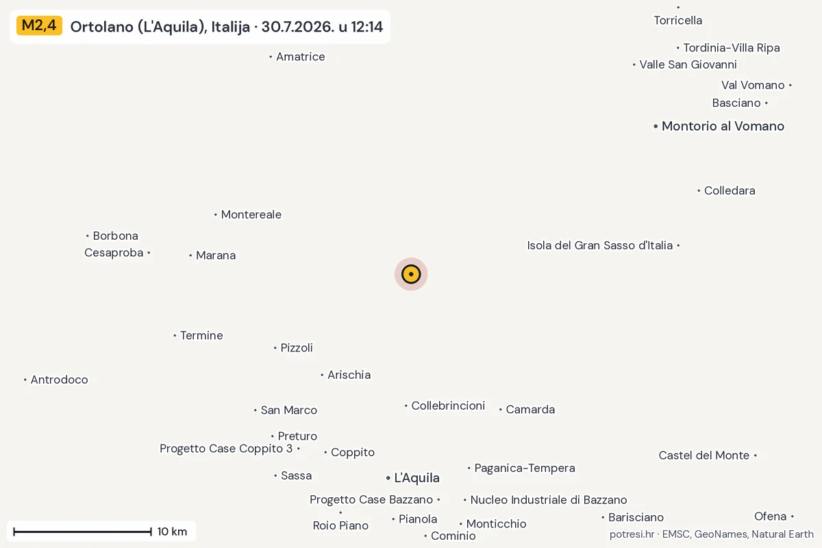 Karta: okolica epicentra, 60 km, potres M2,4, Ortolano (L'Aquila), Italija, 30.7.2026.