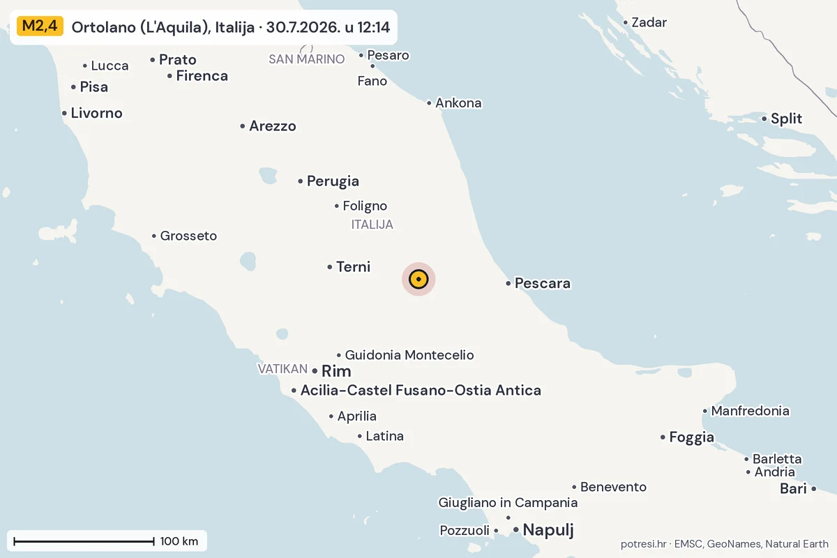 Karta: šire područje, 600 km, potres M2,4, Ortolano (L'Aquila), Italija, 30.7.2026.