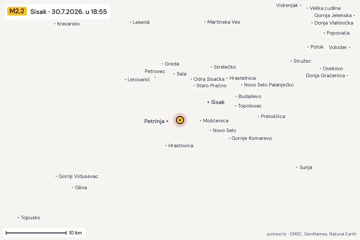 Karta: okolica epicentra, 60 km, potres M2,2, Sisak, 30.7.2026.