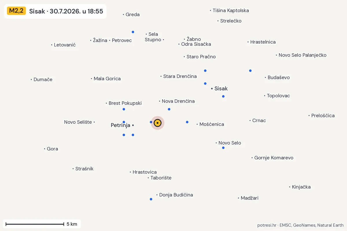 Karta: izvješća građana, potres M2,2, Sisak, 30.7.2026.