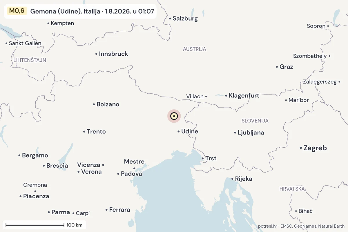 Karta: šire područje, 600 km, potres M0,6, Gemona (Udine), Italija, 1.8.2026.