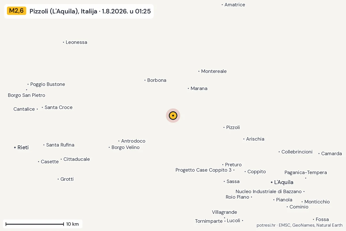 Karta: okolica epicentra, 60 km, potres M2,6, Pizzoli (L'Aquila), Italija, 1.8.2026.
