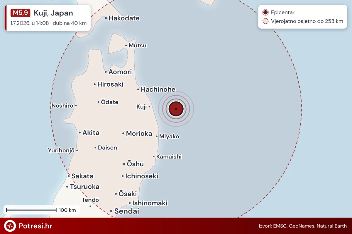 Karta: šire područje i vjerojatni doseg osjeta, potres M5,9, Kuji, Japan, 1.7.2026.