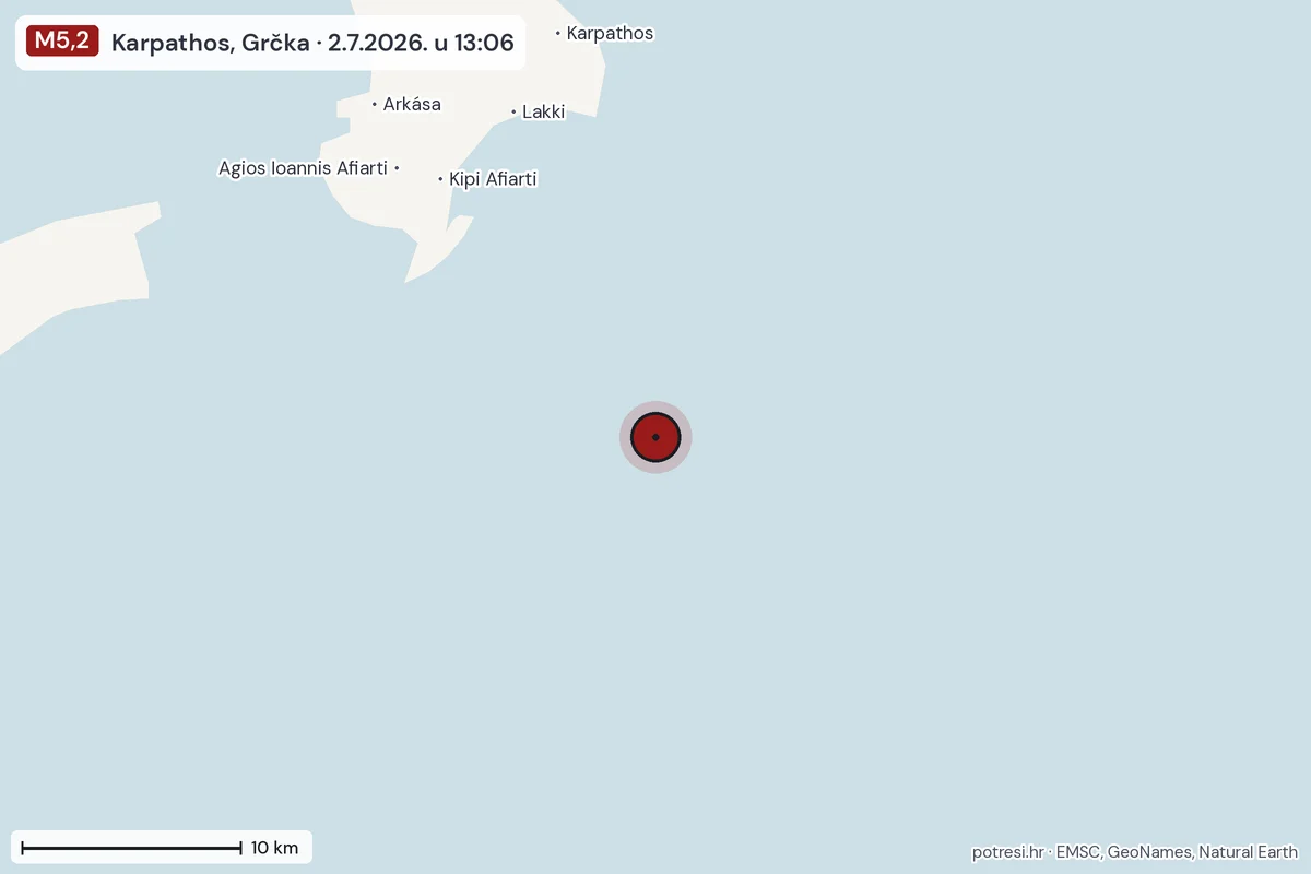 Karta: okolica epicentra, 60 km, potres M5,2, Karpathos, Grčka, 2.7.2026.