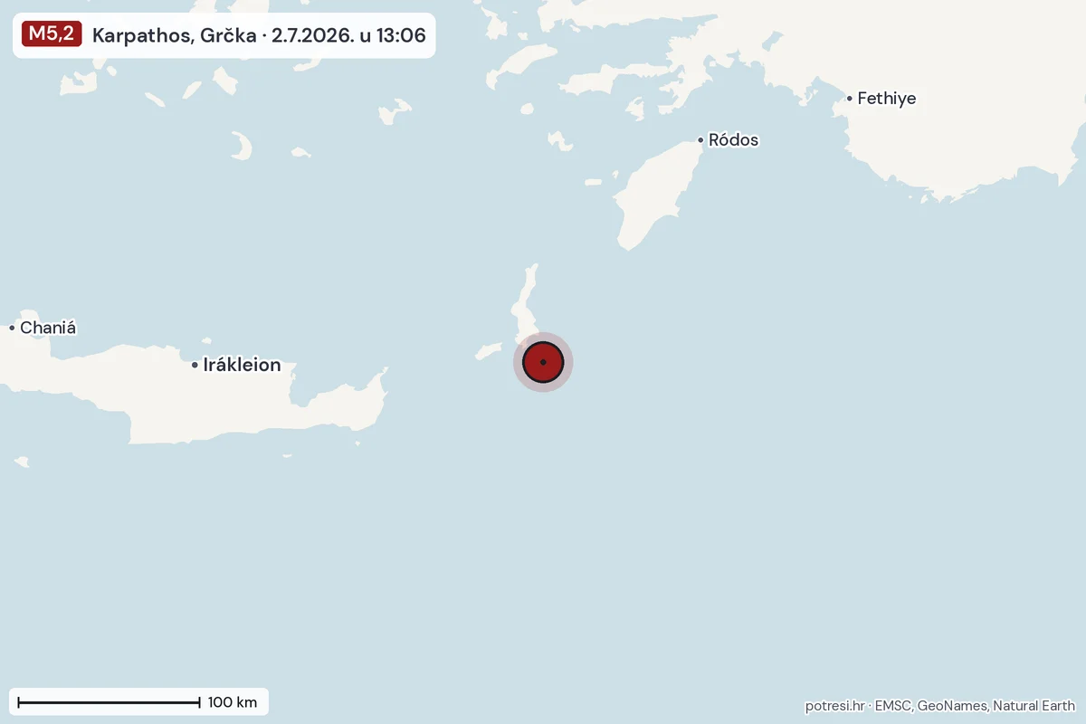 Karta: šire područje, 600 km, potres M5,2, Karpathos, Grčka, 2.7.2026.