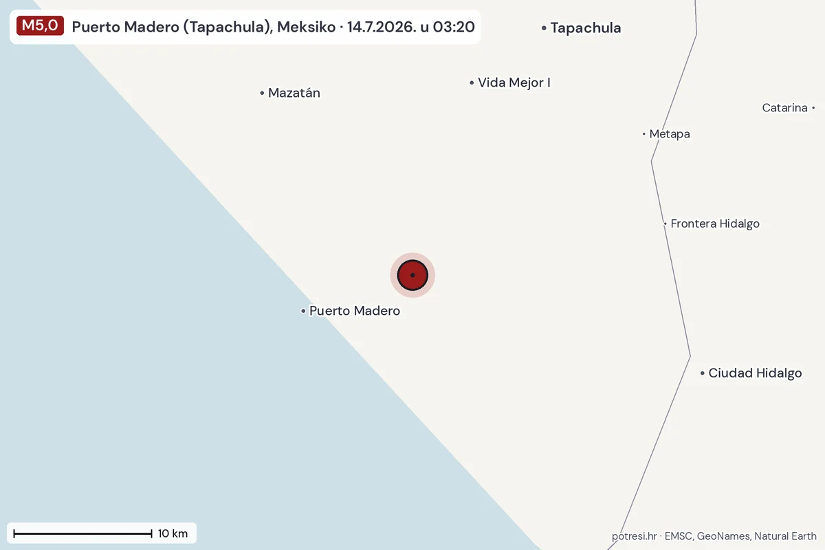 Karta: okolica epicentra, 60 km, potres M5,0, Puerto Madero (Tapachula), Meksiko, 14.7.2026.