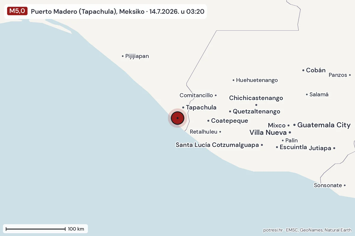 Karta: šire područje, 600 km, potres M5,0, Puerto Madero (Tapachula), Meksiko, 14.7.2026.