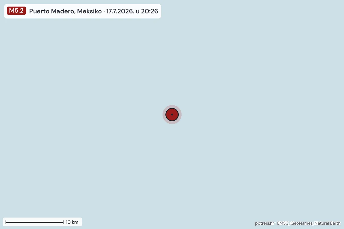 Karta: okolica epicentra, 60 km, potres M5,2, Puerto Madero, Meksiko, 17.7.2026.