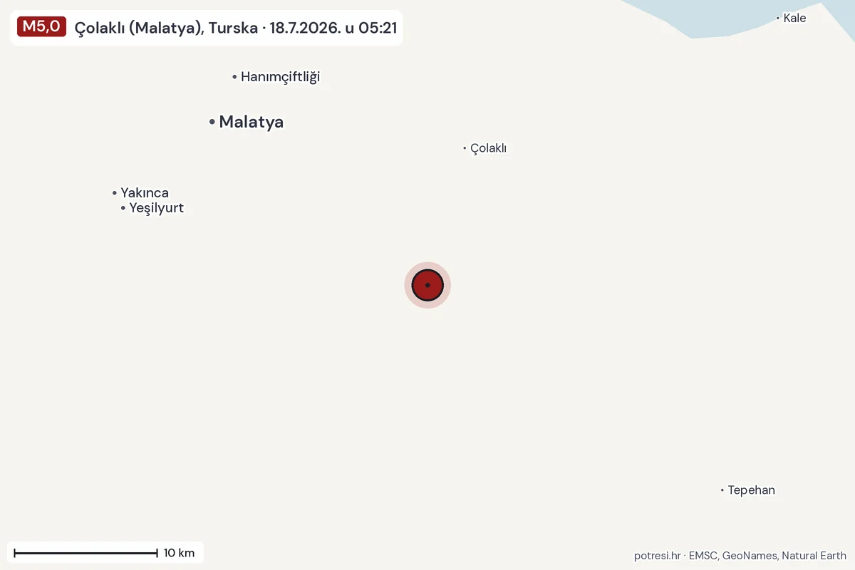 Karta: okolica epicentra, 60 km, potres M5,0, Çolaklı (Malatya), Turska, 18.7.2026.