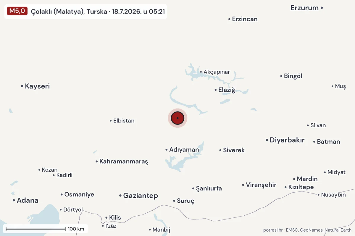 Karta: šire područje, 600 km, potres M5,0, Çolaklı (Malatya), Turska, 18.7.2026.