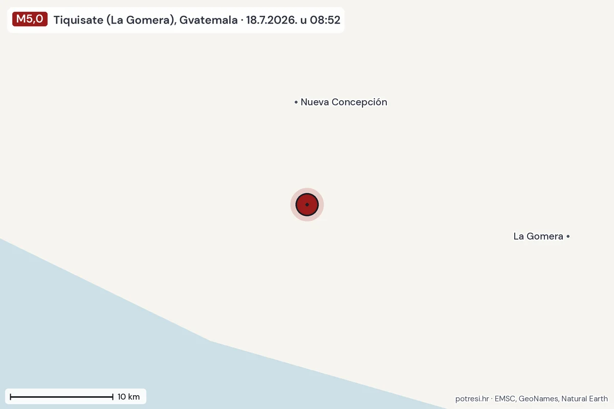 Karta: okolica epicentra, 60 km, potres M5,0, Tiquisate (La Gomera), Gvatemala, 18.7.2026.