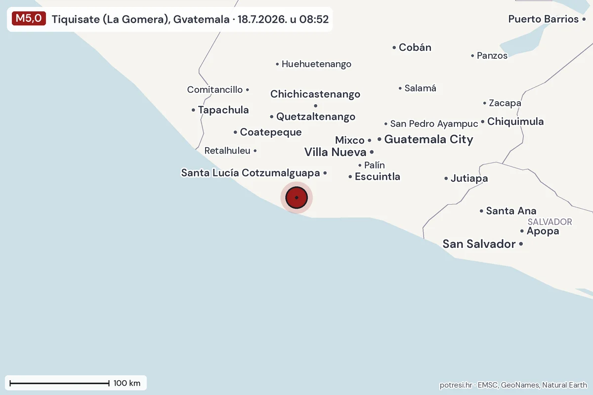 Karta: šire područje, 600 km, potres M5,0, Tiquisate (La Gomera), Gvatemala, 18.7.2026.