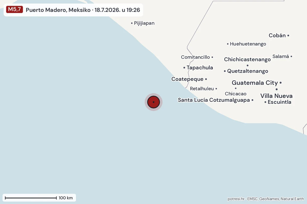 Karta: šire područje, 600 km, potres M5,7, Puerto Madero, Meksiko, 18.7.2026.