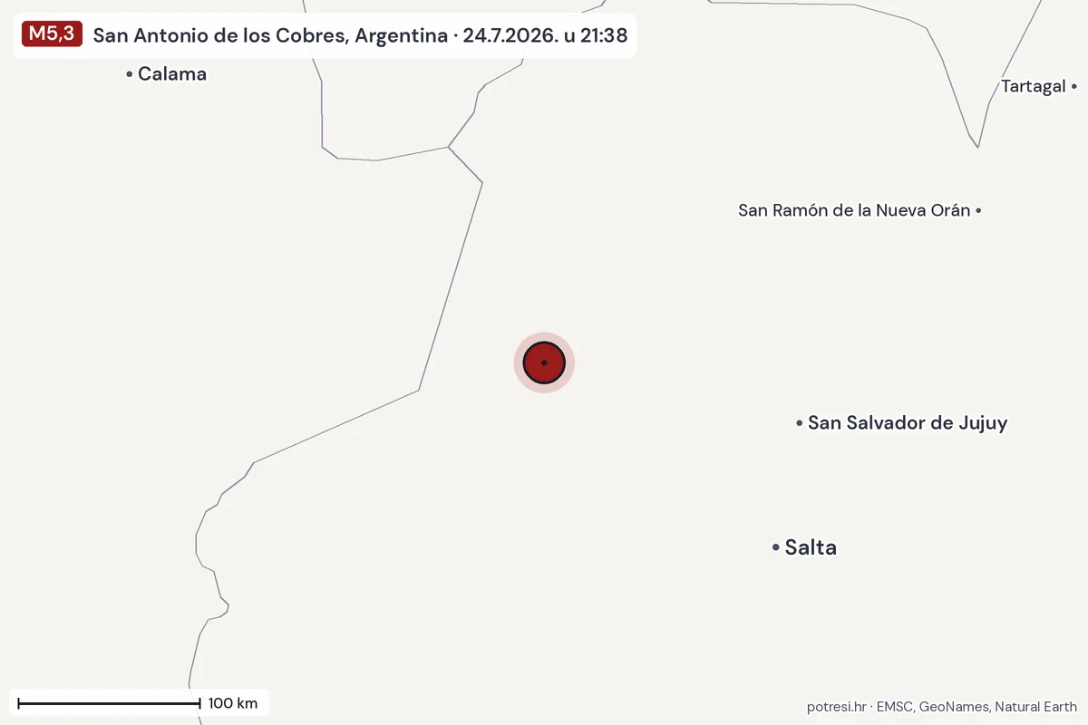 Karta: šire područje, 600 km, potres M5,3, San Antonio de los Cobres, Argentina, 24.7.2026.