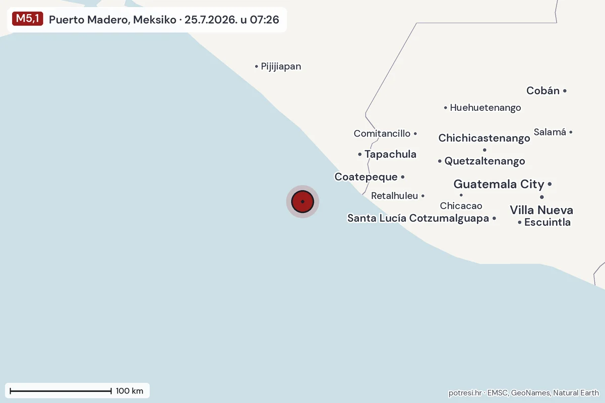 Karta: šire područje, 600 km, potres M5,1, Puerto Madero, Meksiko, 25.7.2026.