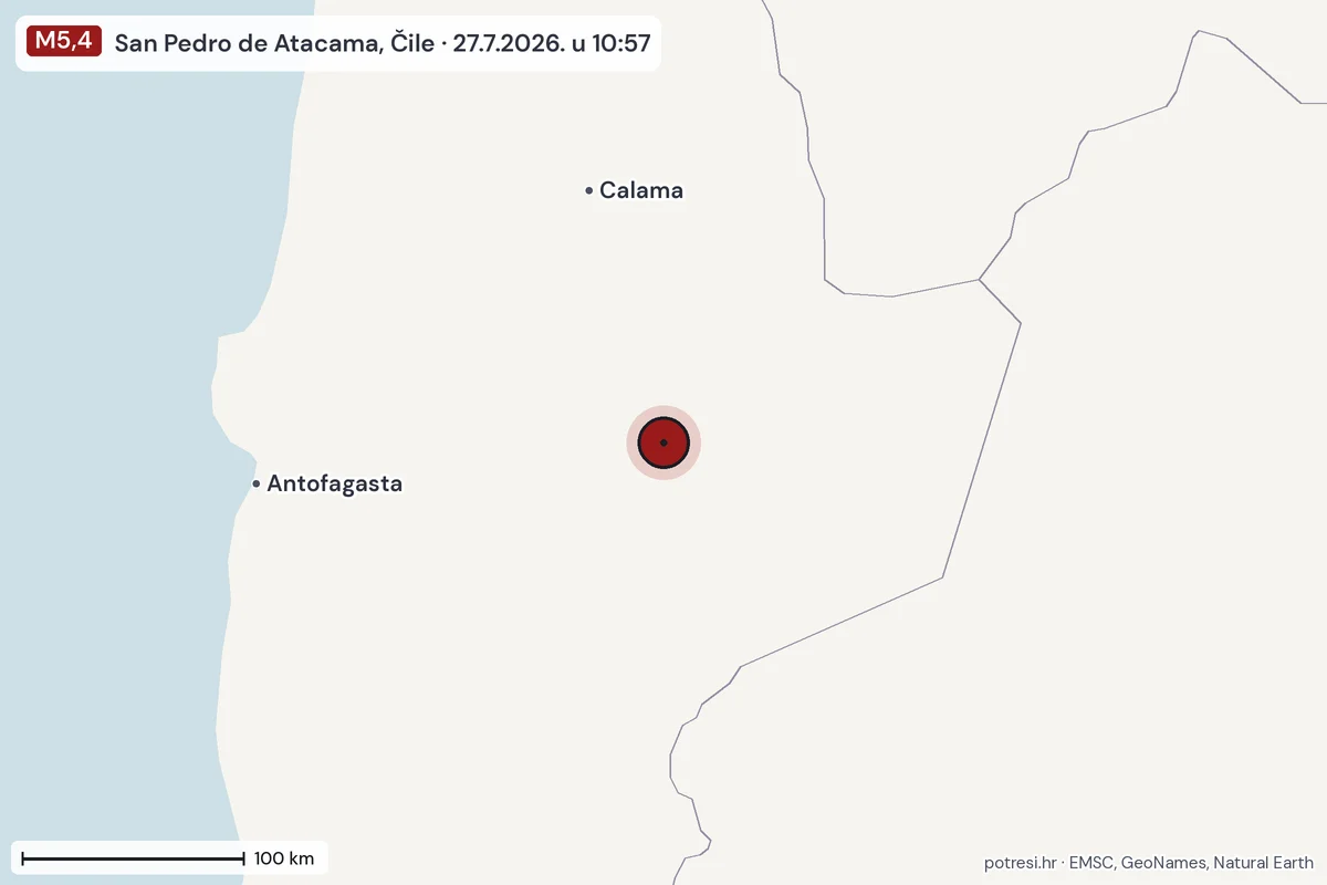 Karta: šire područje, 600 km, potres M5,4, San Pedro de Atacama, Čile, 27.7.2026.