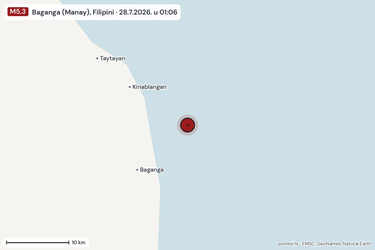 Karta: okolica epicentra, 60 km, potres M5,3, Baganga (Manay), Filipini, 28.7.2026.