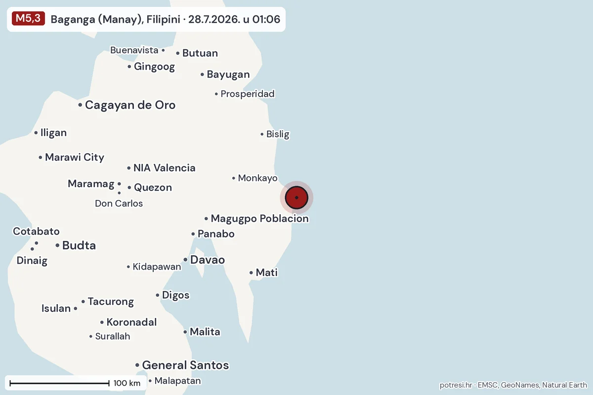 Karta: šire područje, 600 km, potres M5,3, Baganga (Manay), Filipini, 28.7.2026.