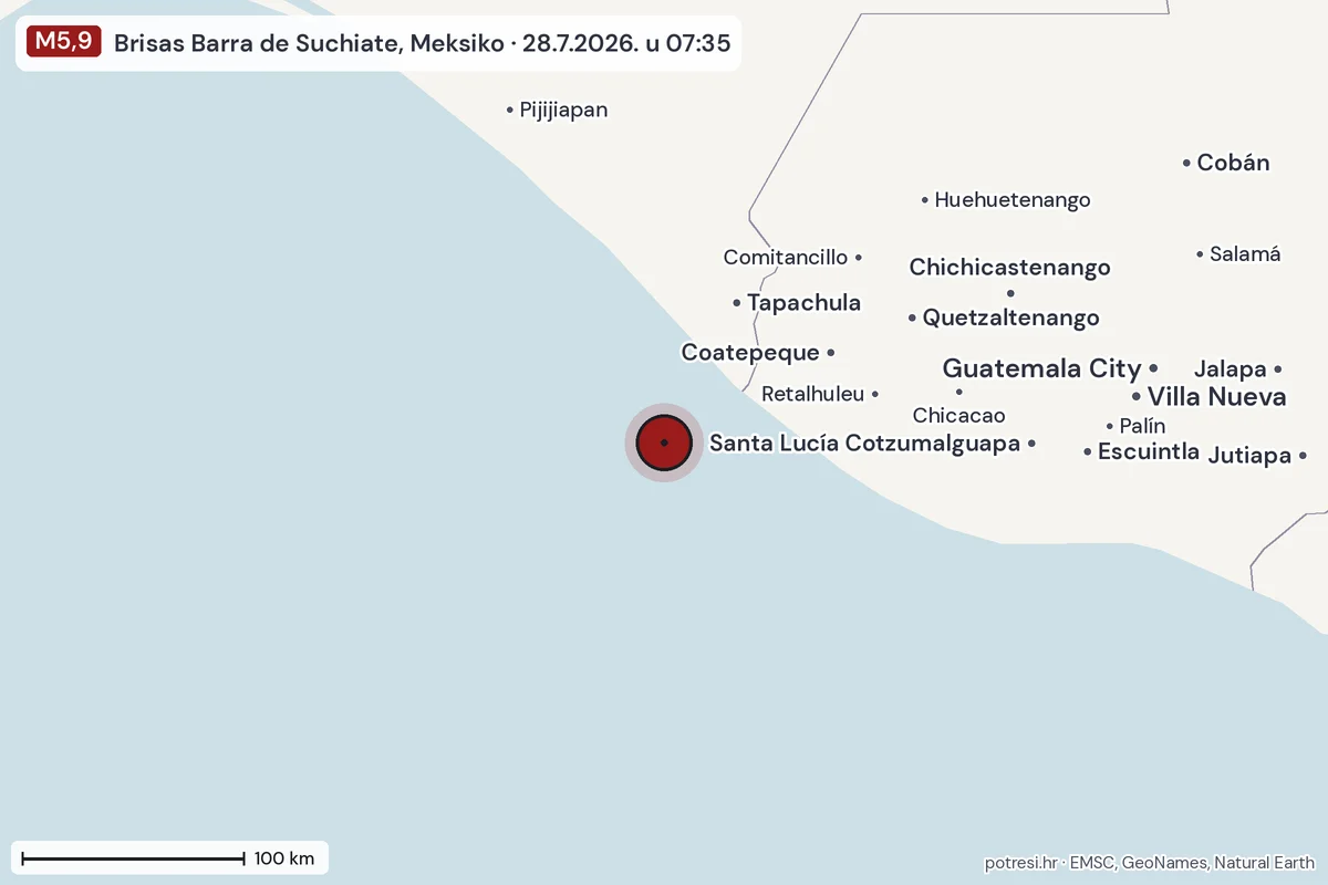Karta: šire područje, 600 km, potres M5,9, Brisas Barra de Suchiate, Meksiko, 28.7.2026.