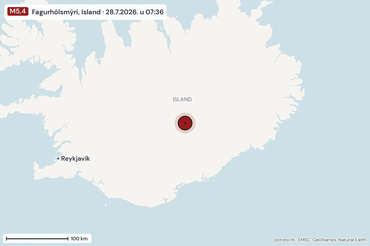 Karta: šire područje, 600 km, potres M5,4, Fagurhólsmýri, Island, 28.7.2026.